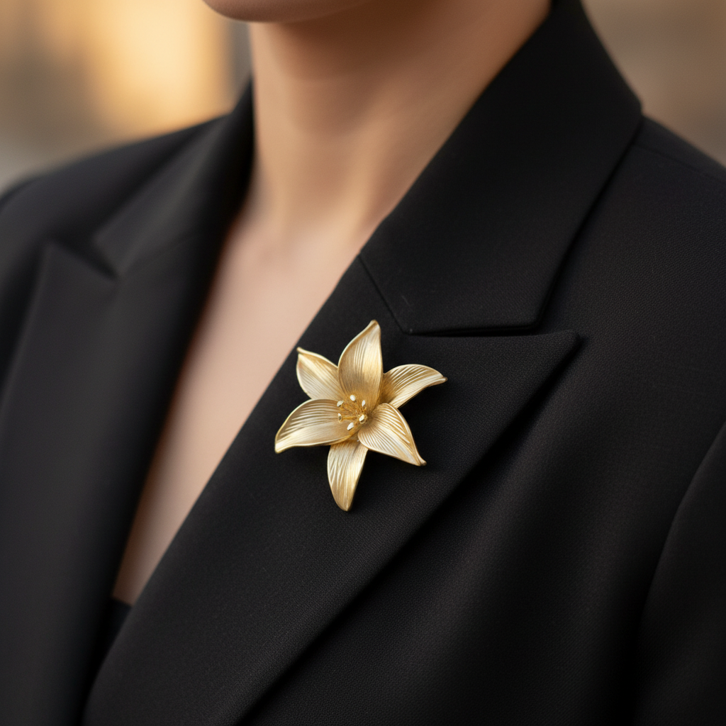 Golden lily brooch on black blazer
