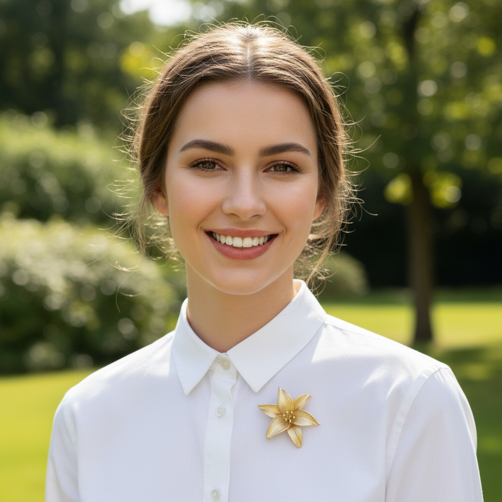 Golden lily brooch smiling model natural setting