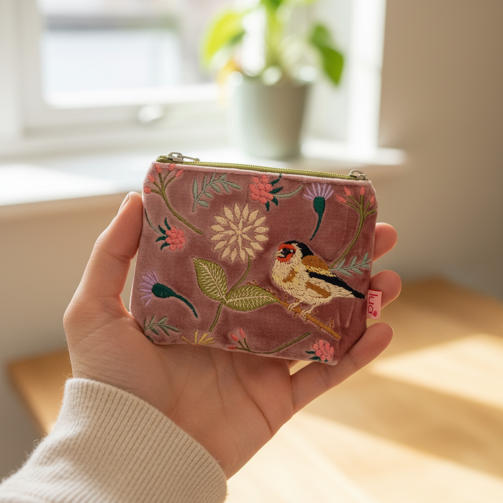 Goldfinch Pink Velvet Purse Lifestyle