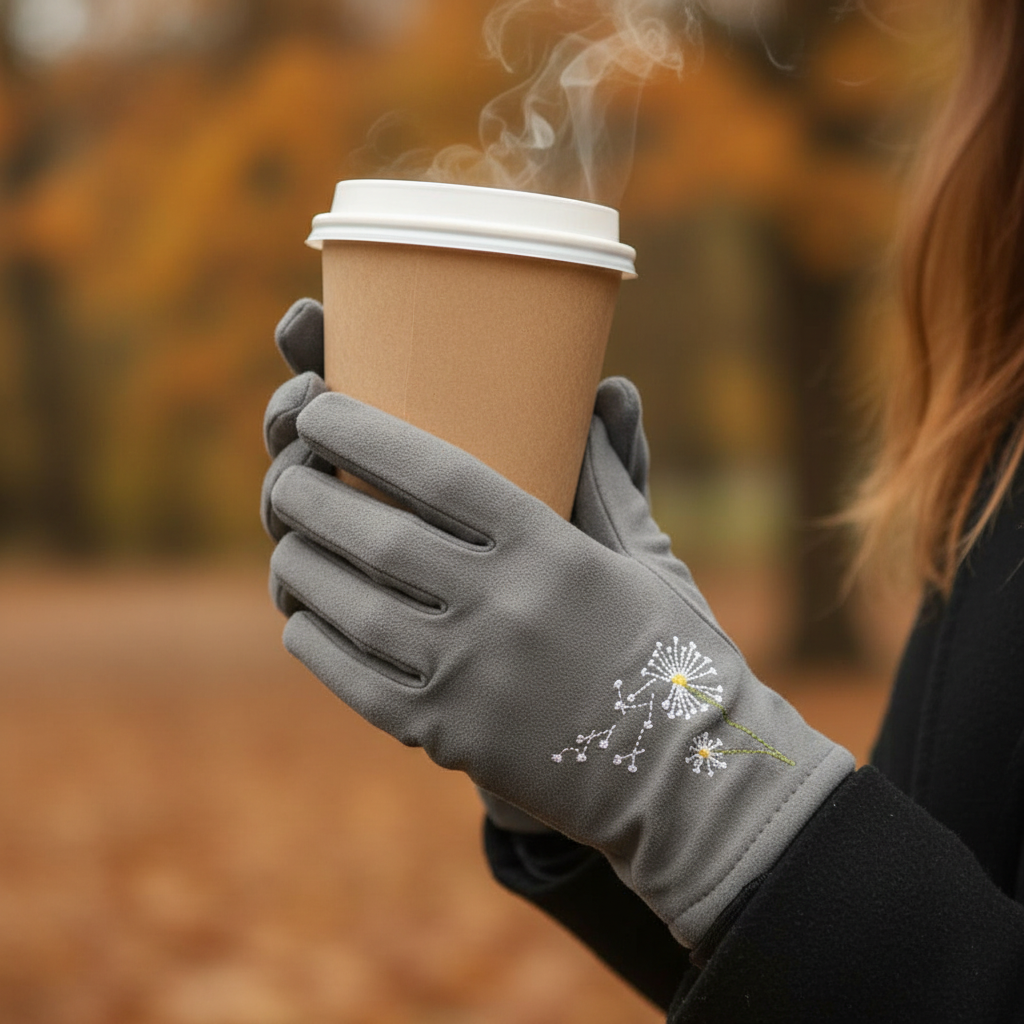 Grey dandelion gloves hot drink
