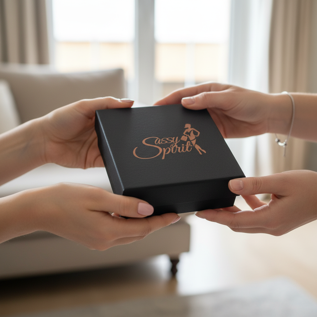 Hands receiving gift box - balanced size