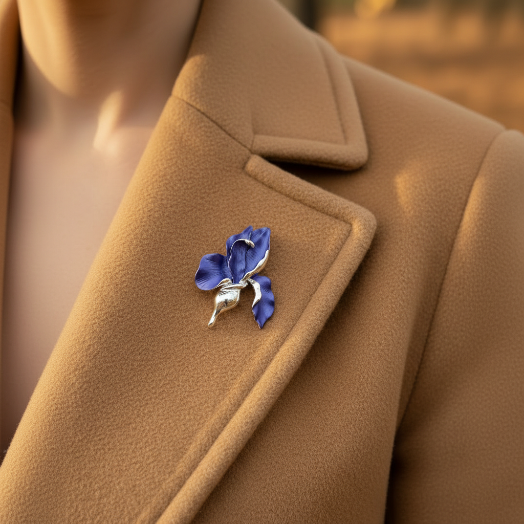 Iris brooch camel coat square