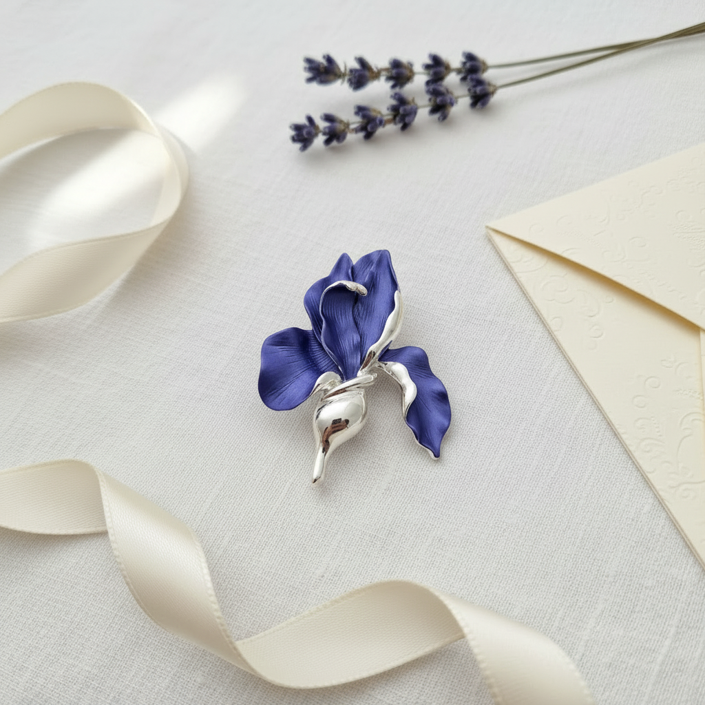 Iris brooch gift flat lay square