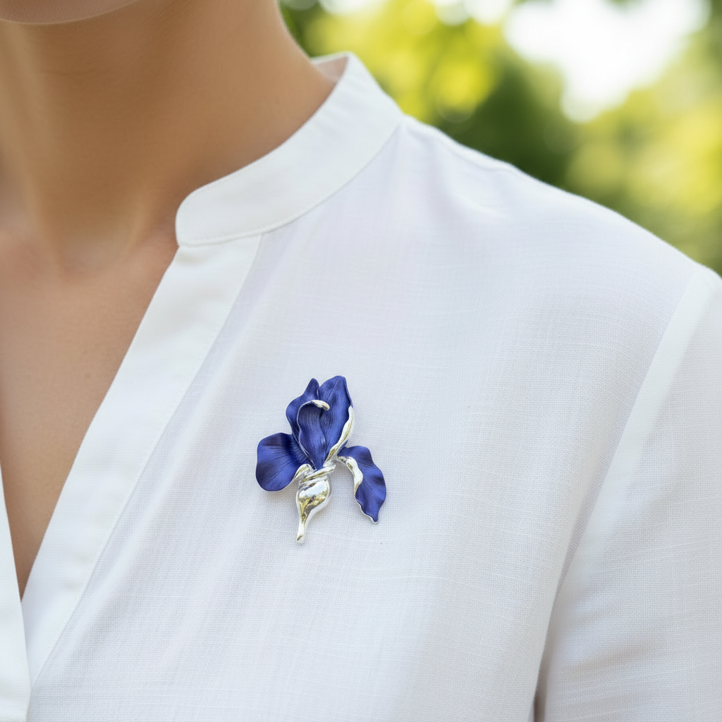 Iris brooch white blouse square