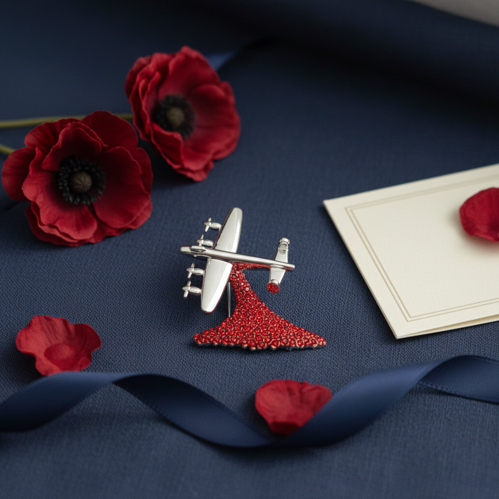 Lancaster bomber brooch dark navy flat lay with poppies