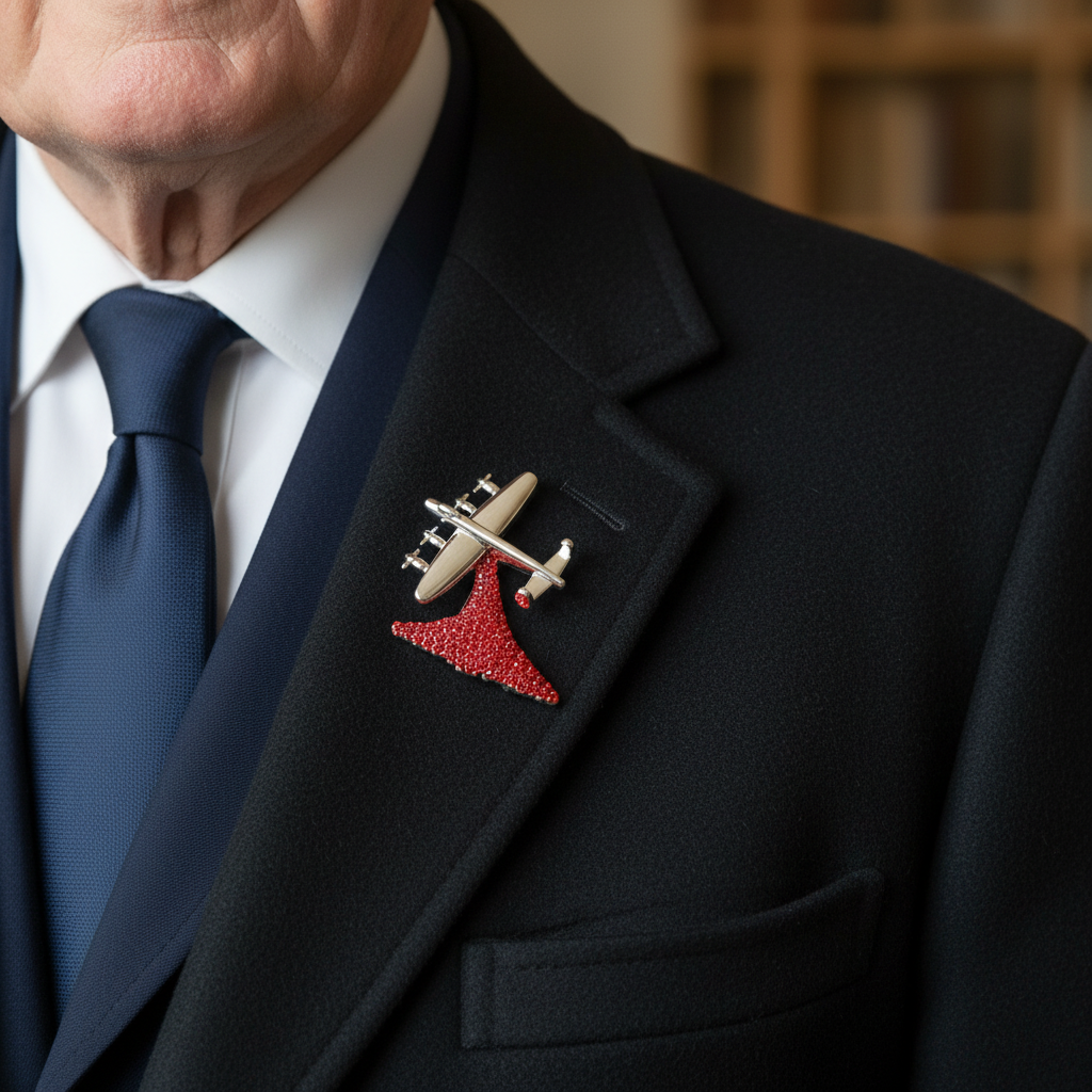 Lancaster bomber brooch on elderly veteran dark coat