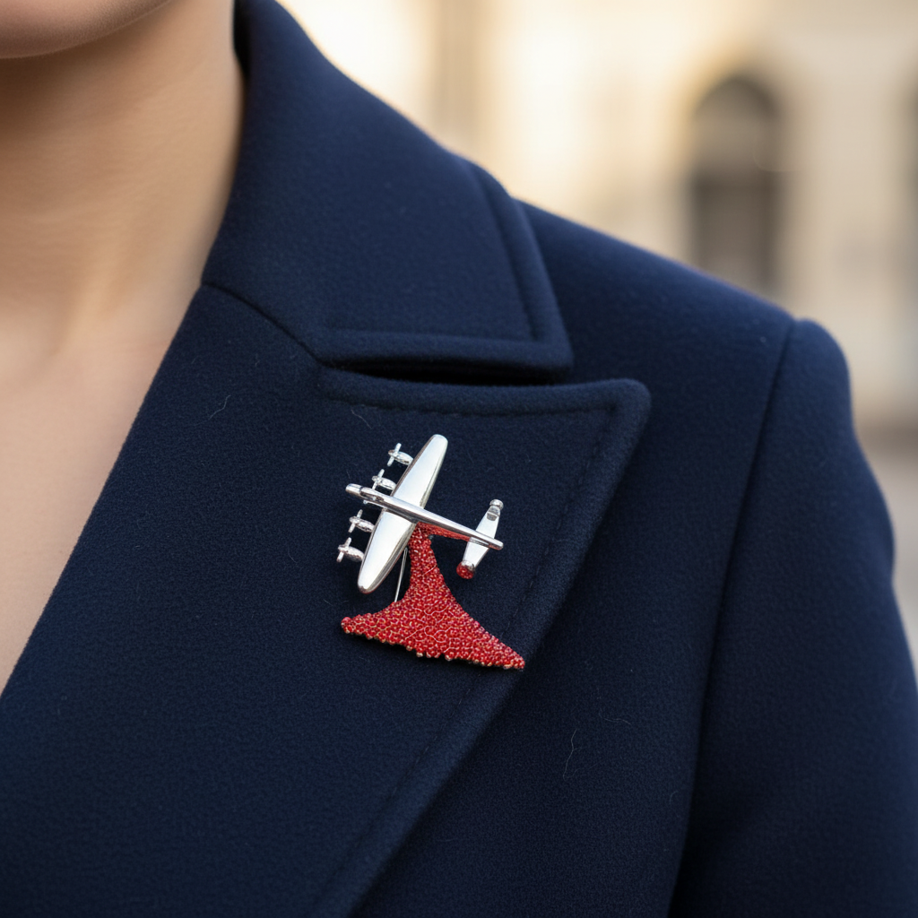 Lancaster bomber brooch on woman's coat lapel