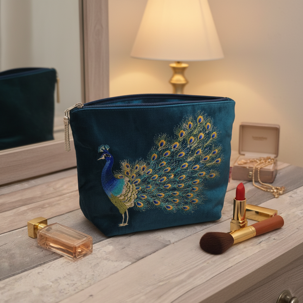 A teal velvet cosmetic pouch with an embroidered peacock design, styled on a light wood vanity table next to a perfume bottle, lipstick, brush, and jewelry box.