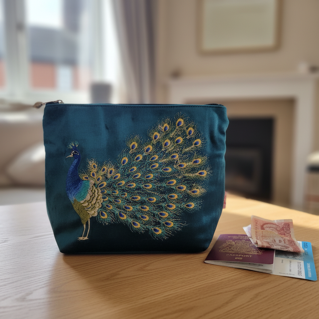 A teal blue satin zippered cosmetic pouch featuring an embroidered peacock with a fully fanned tail. The pouch is sitting on a light wooden table next to some travel documents, with a blurred living room background.