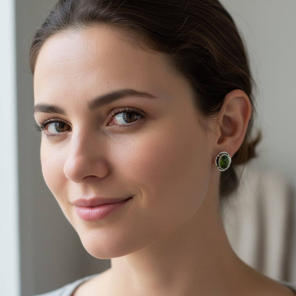 Lifestyle green oval stud earring shot
