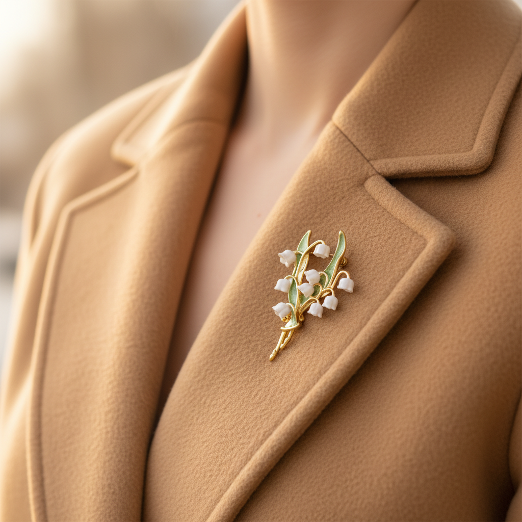 Lily of the Valley gold and silver on camel coat