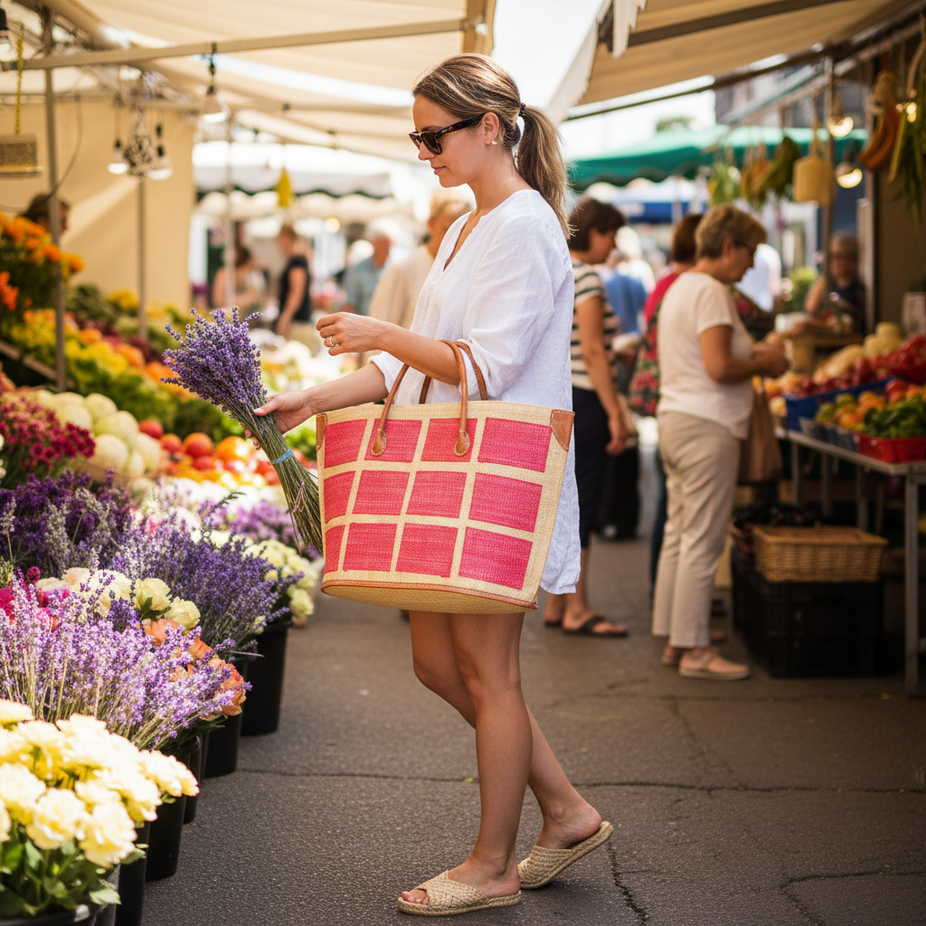 Woman shopping at an outdoor market with a red checkered basket