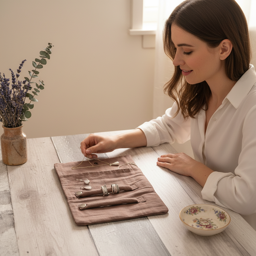 Mocha Brown Jewellery Roll - Dressing Table Scene