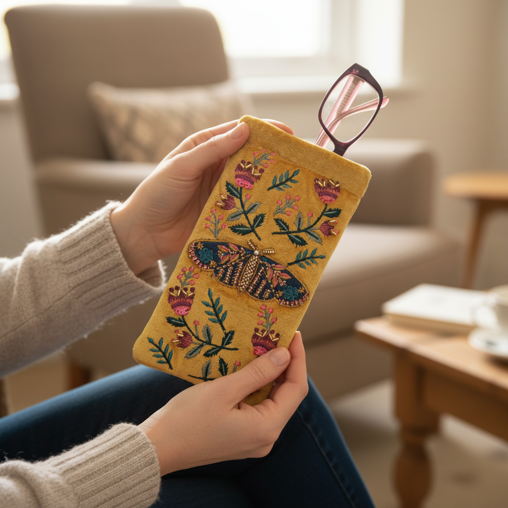 Mustard moth glasses case in hands