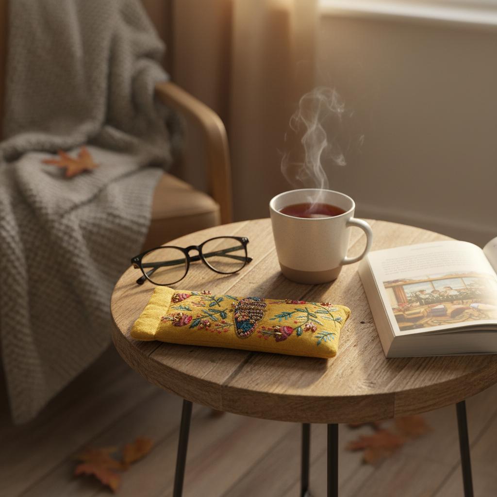 Mustard moth glasses case on surface