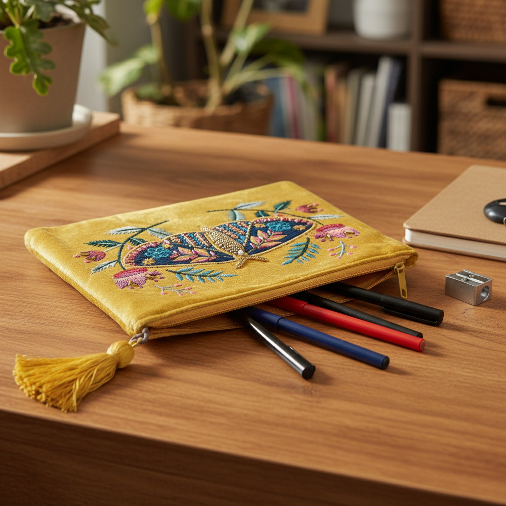 Mustard moth pouch on desk