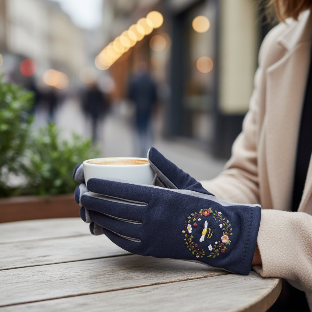 Navy and grey bee gloves lifestyle
