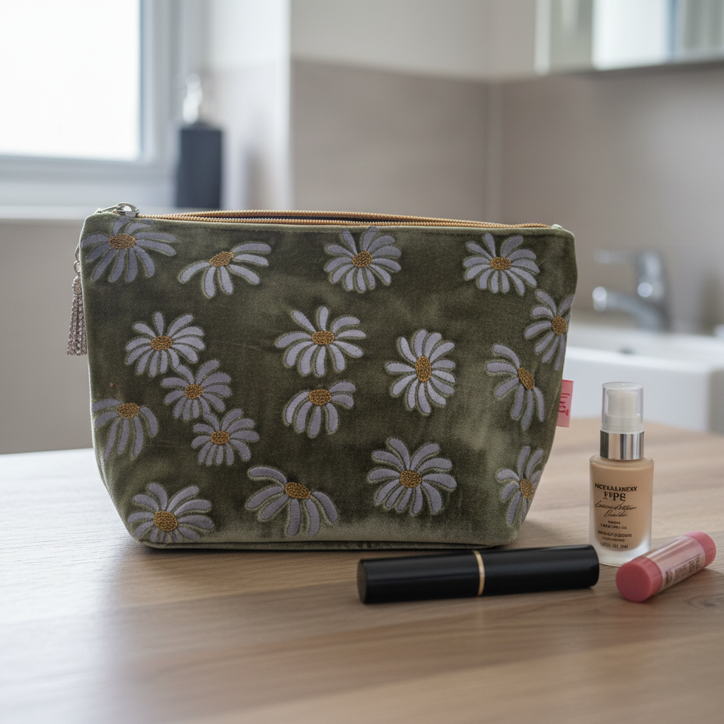 Fennel green velvet pouch decorated with embroidered daisies, featured with a mix of make up.