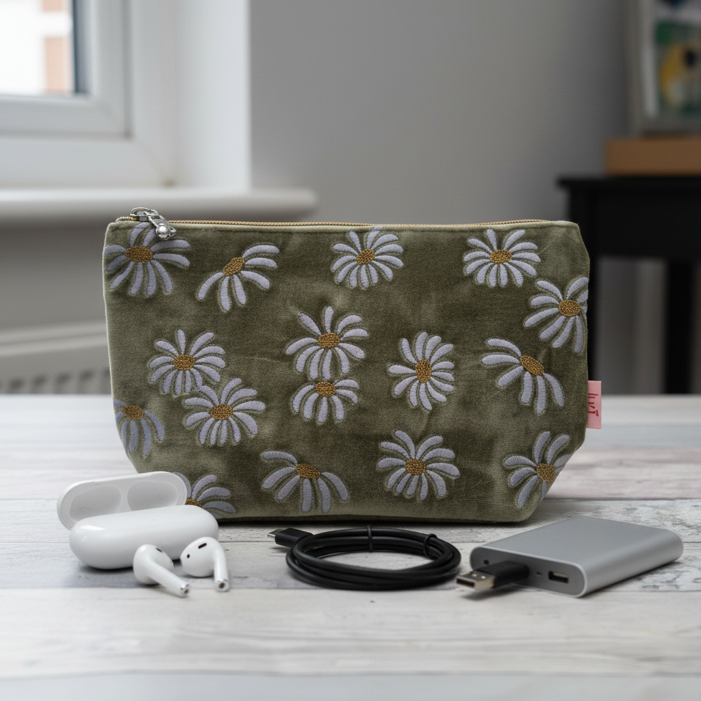 Fennel green velvet pouch decorated with embroidered daisies, featured with a mix of modern day tech.