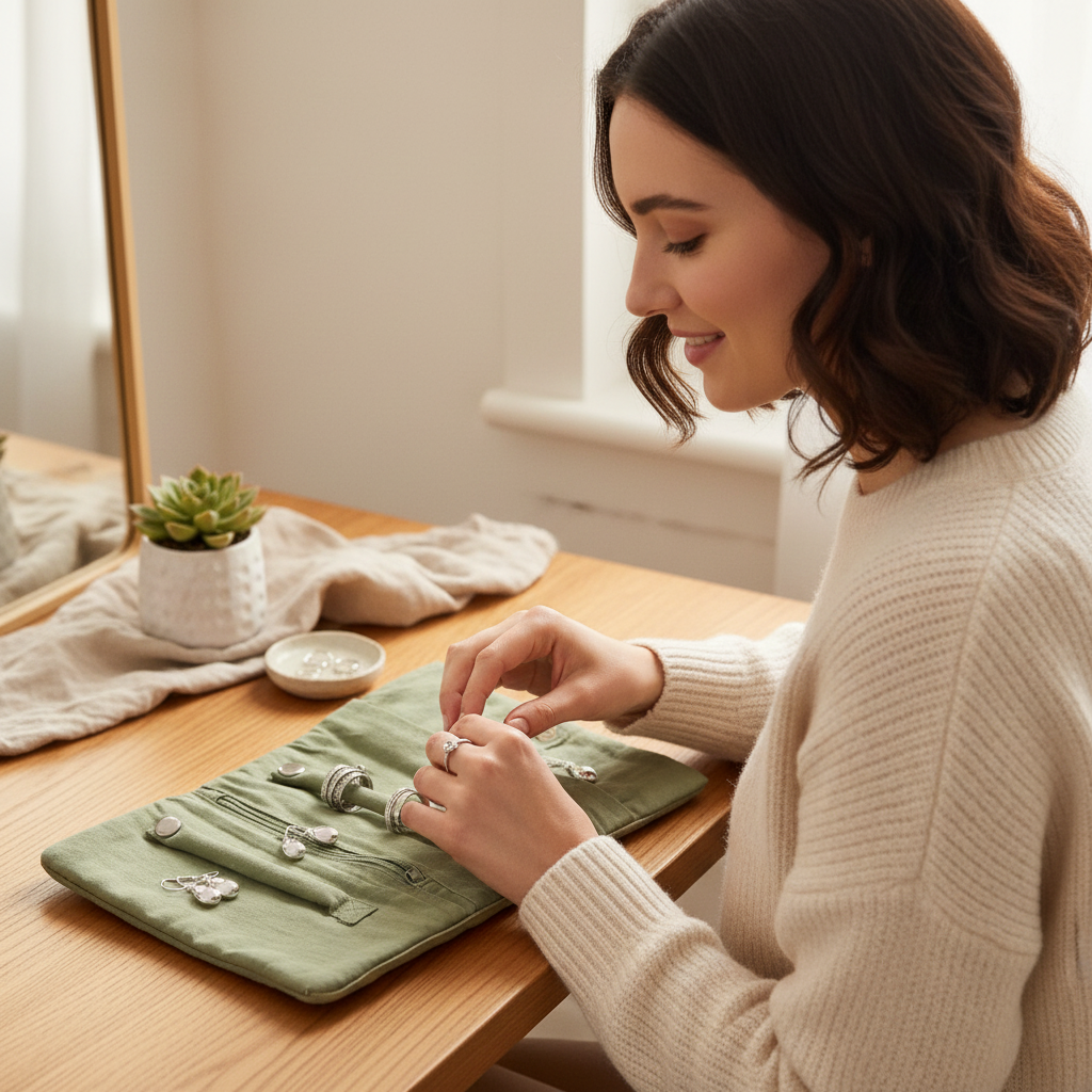 Olive Green Jewellery Roll - Dressing Table Scene