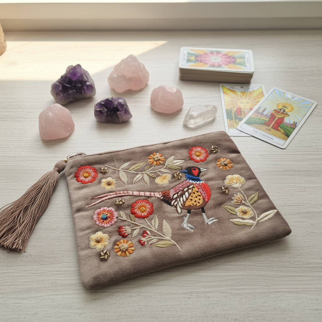 Pheasant Velvet Pouch surrounded by tarot cards and crystals.