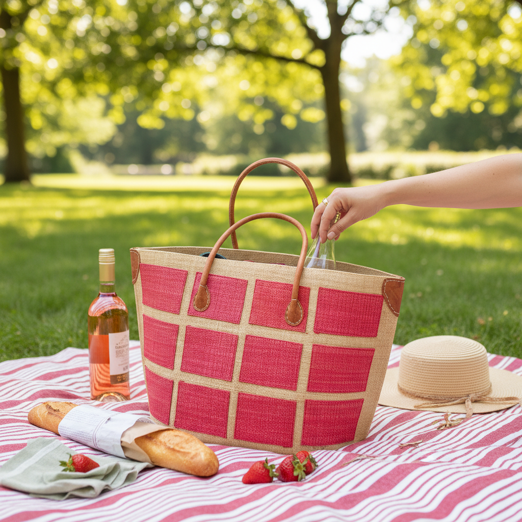 Red and beige checkered picnic basket with a bottle of wine, bread, and strawberries on a blanket in a park.