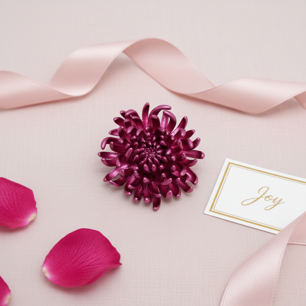 Pink chrysanthemum brooch blush flat lay