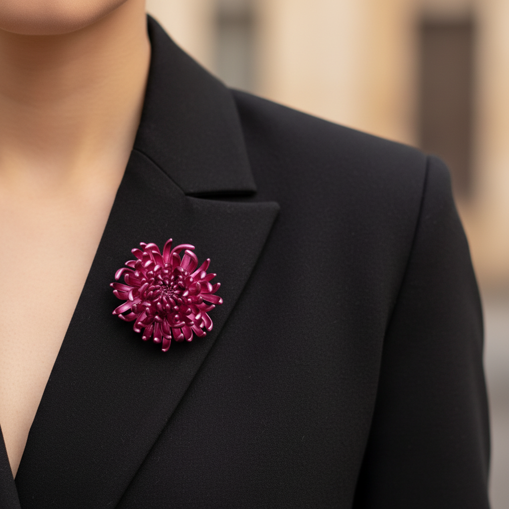 Pink chrysanthemum brooch on black blazer