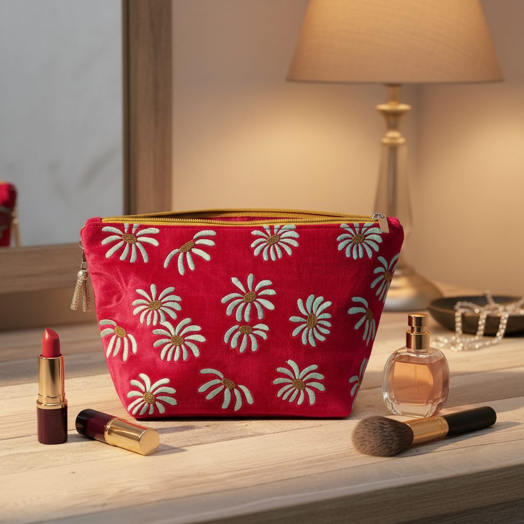 Hot Pink Velvet Daisy Pouch with Silk Lining