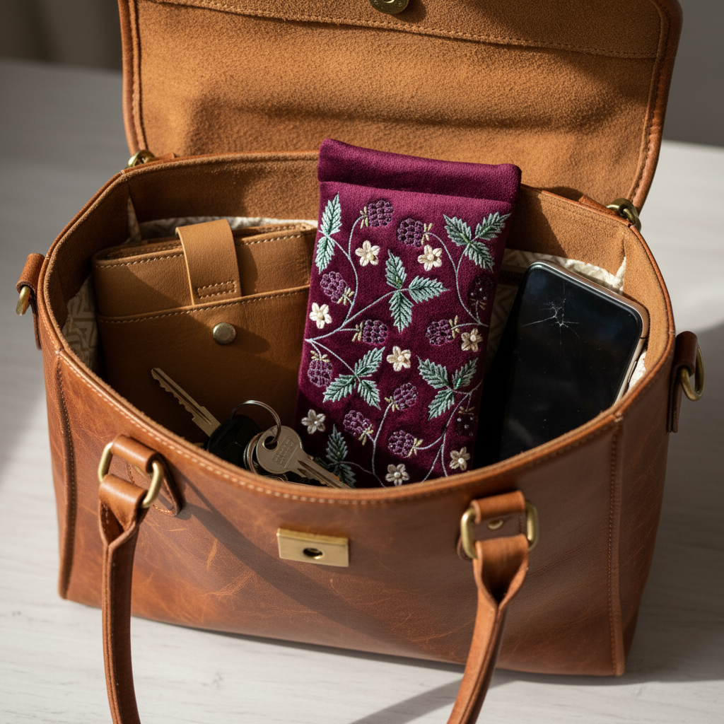 Plum blackberry glasses case in handbag