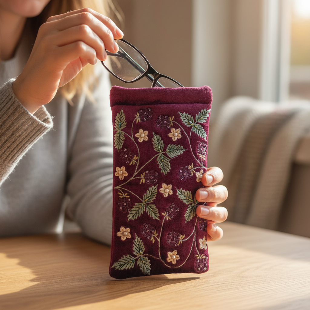Plum blackberry glasses case in hands