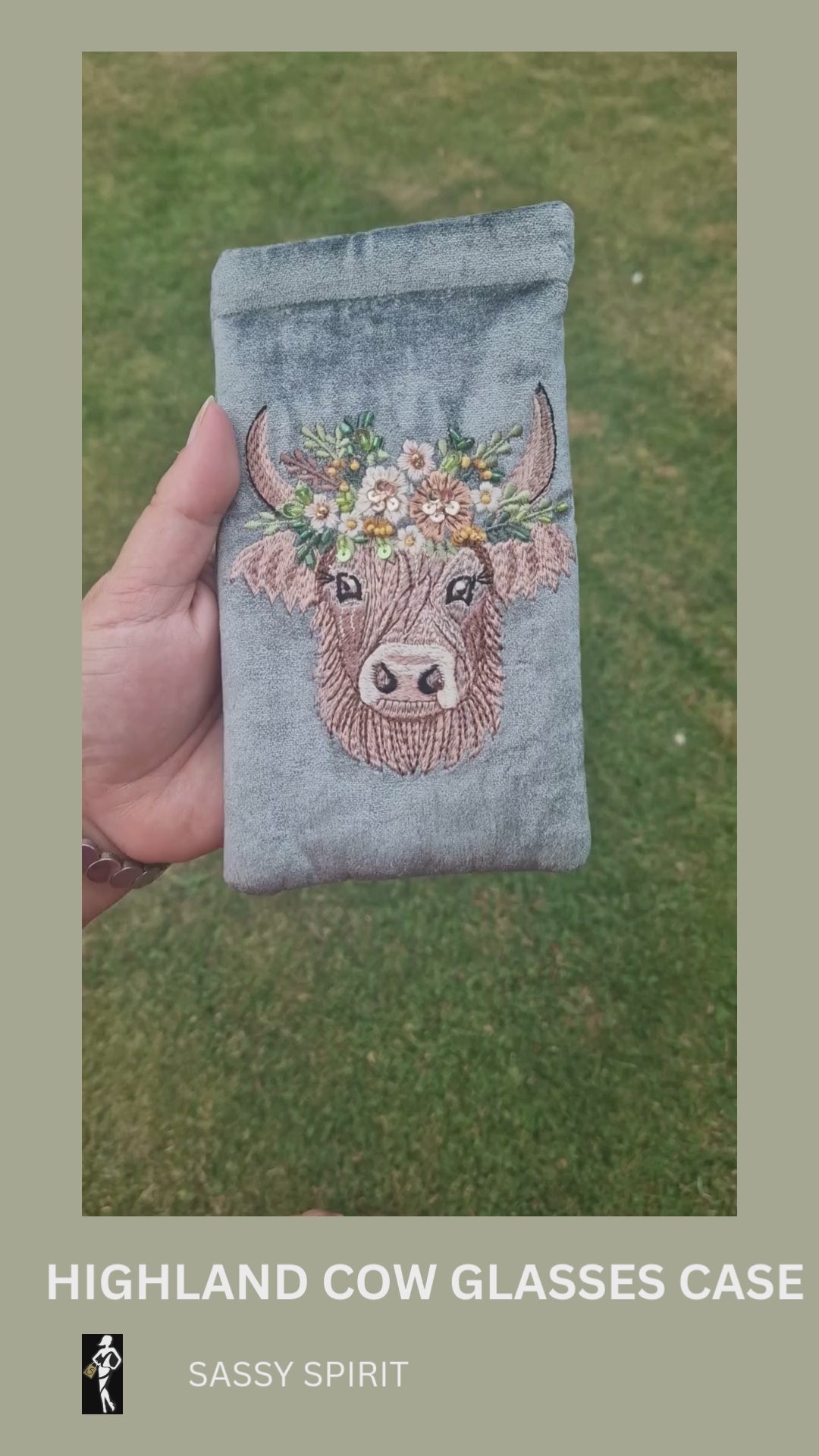 Grey velvet glasses case decorated with an embroidered Highland Cow. Finished with beads and sequins.