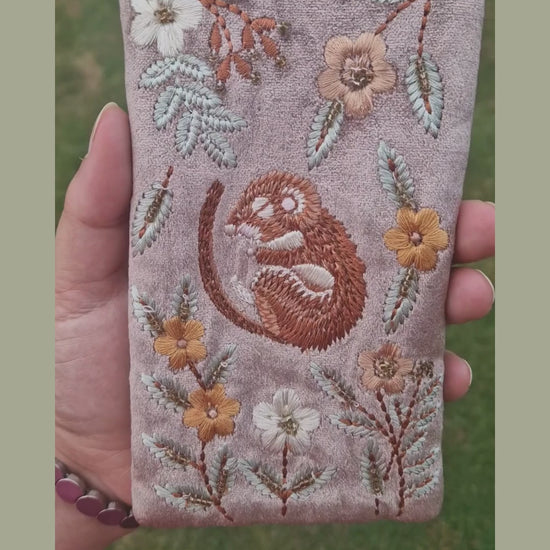 Buff velvet glasses case decorated with an embroidered Sleeping Dormouse. Finished with beads.