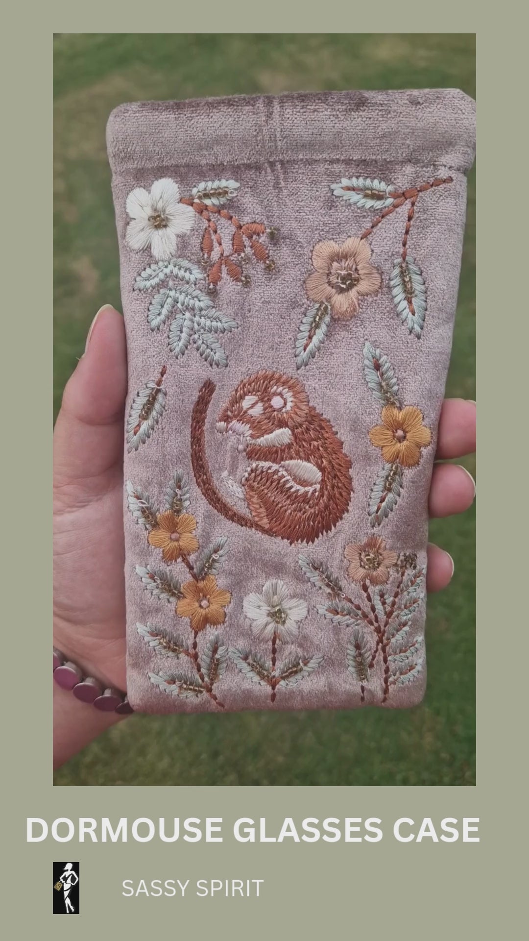 Buff velvet glasses case decorated with an embroidered Sleeping Dormouse. Finished with beads.
