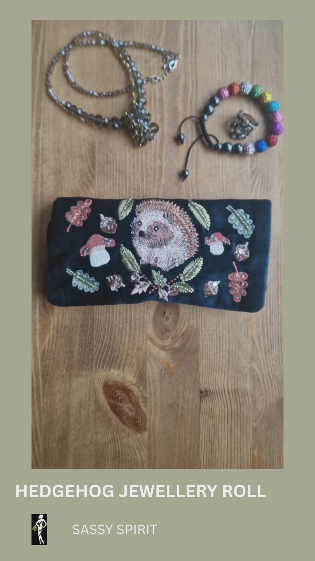 Velvet Jewellery Roll decorated with a hand embroidered image of a woodland hedgehog