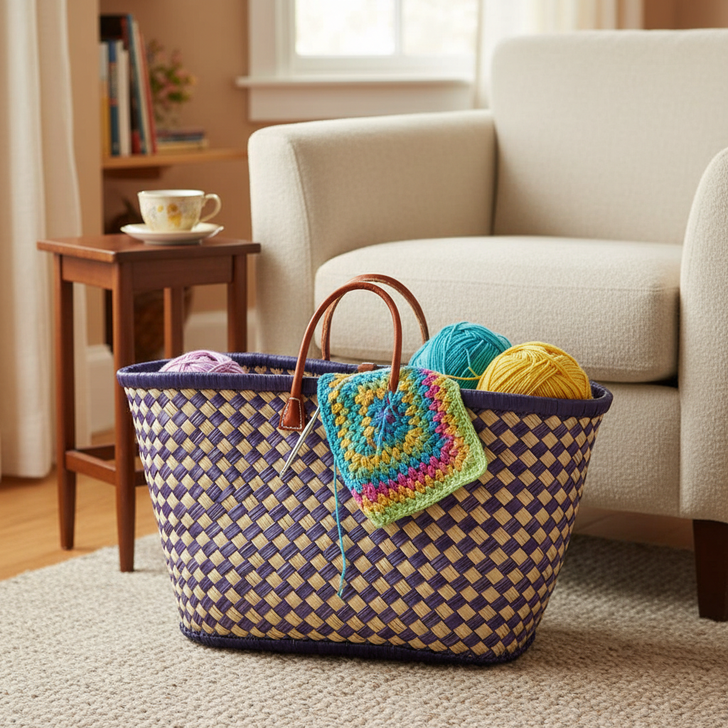 Purple checkerboard crochet basket