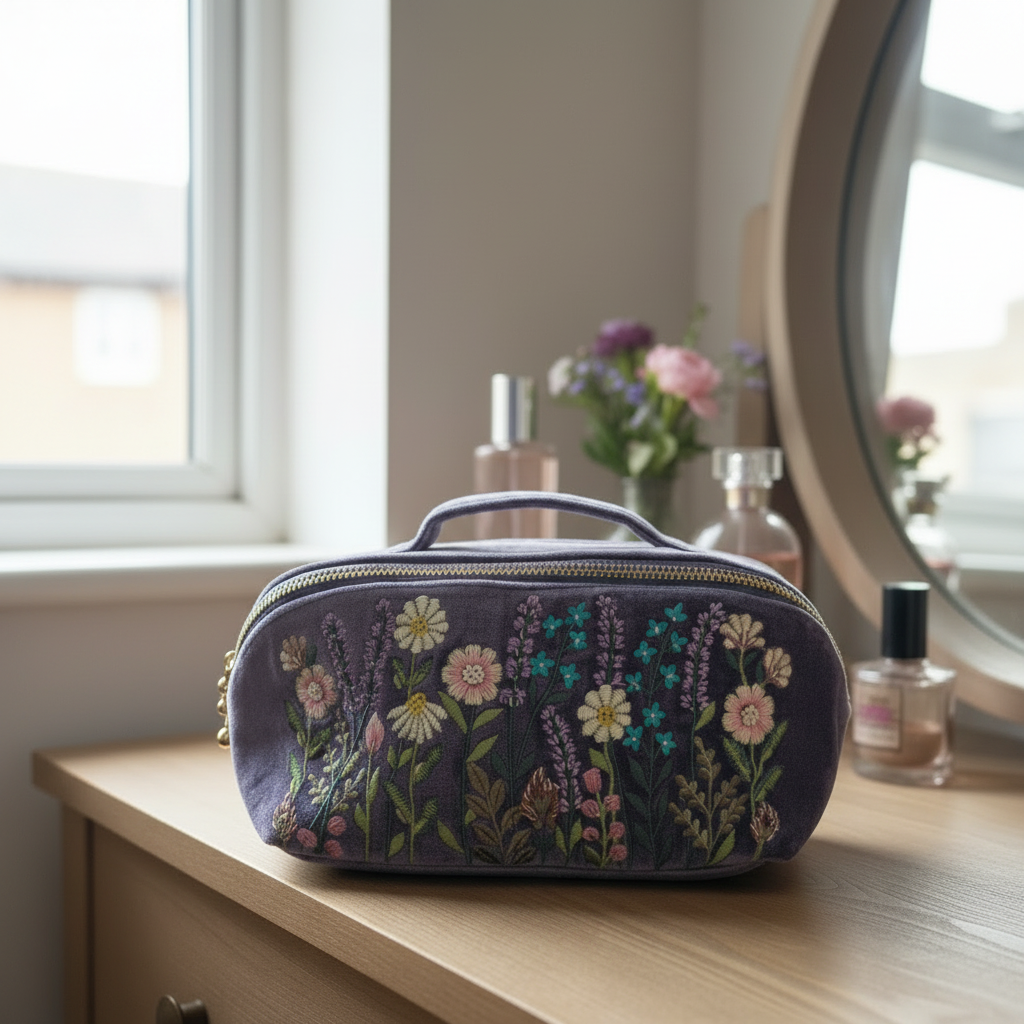 Purple velvet Vanity Case decorated with wildflower scene in embroidery on dressing table.