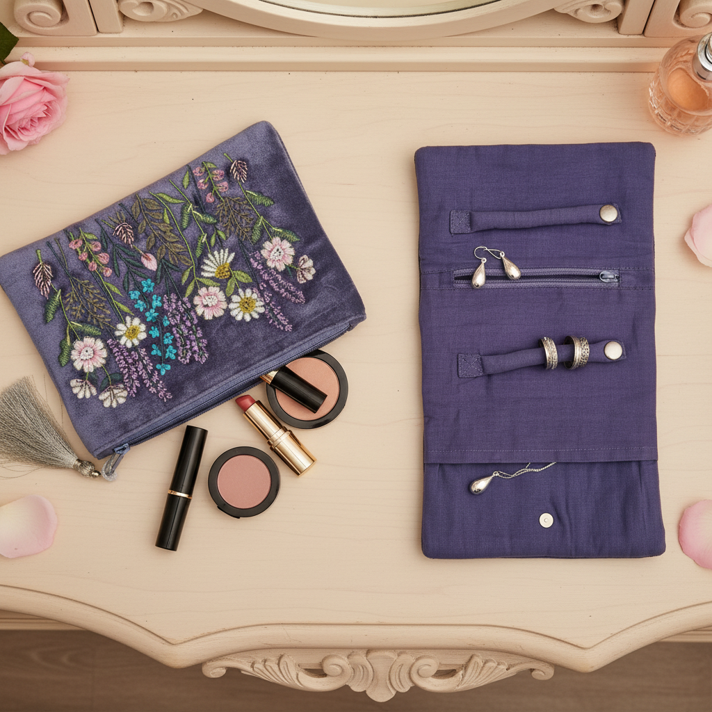 Purple Wildflower Pouch & Jewellery Roll - Overhead Flatlay