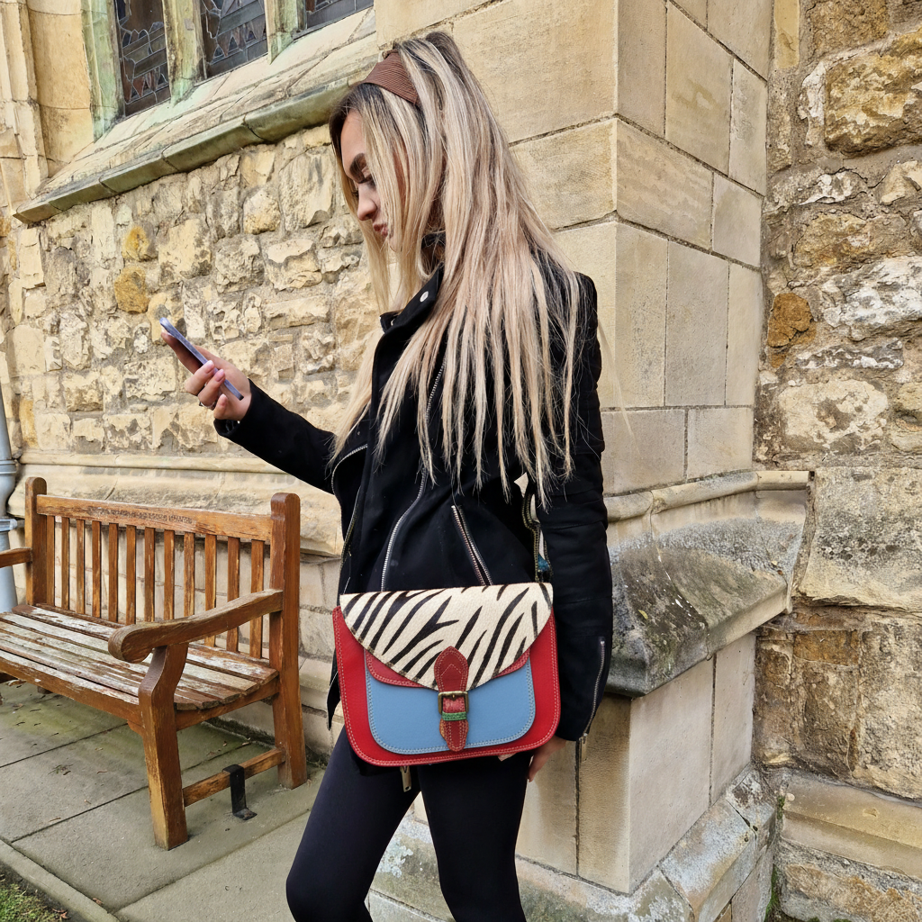 Red/blue zebra saddle bag candid