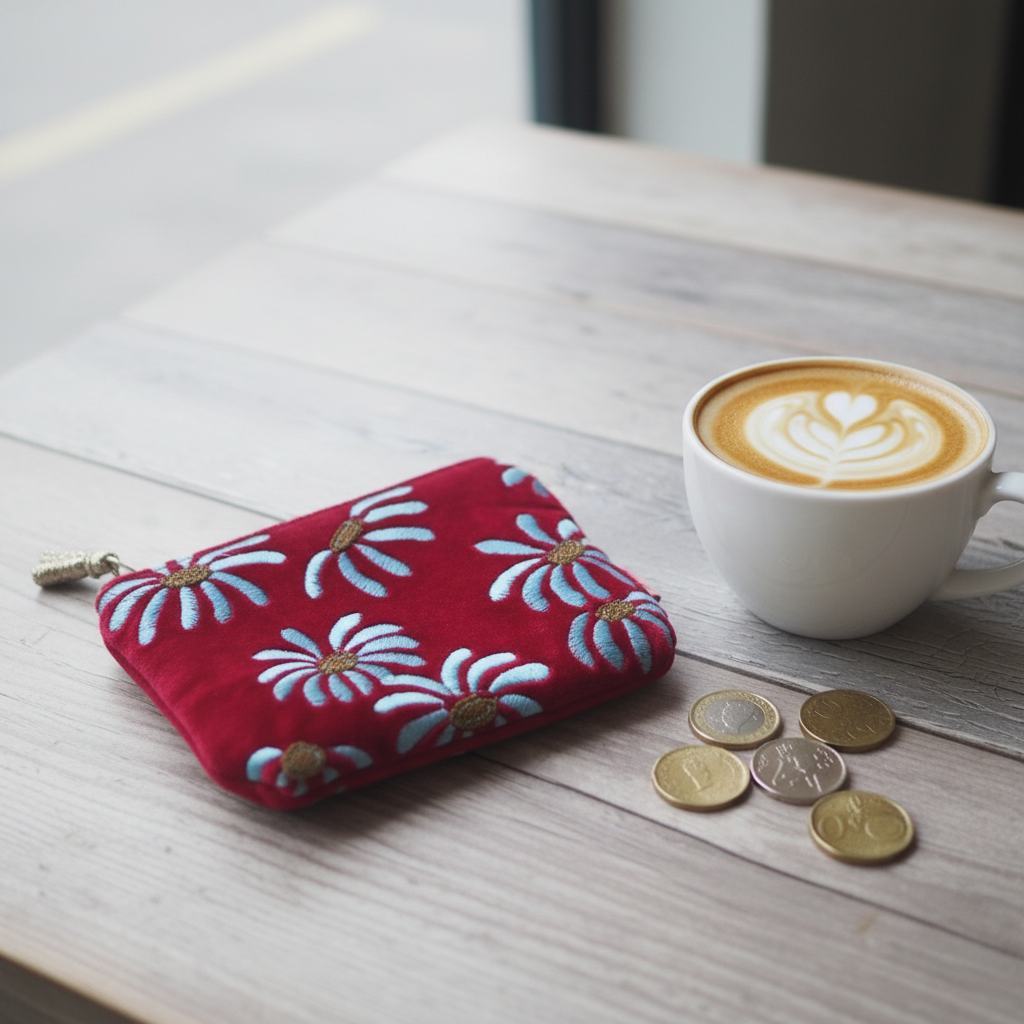 A hot pink velvet coin pouch with white embroidered daisies sits on a light wood table next to a cup of latte art coffee and a few coins.