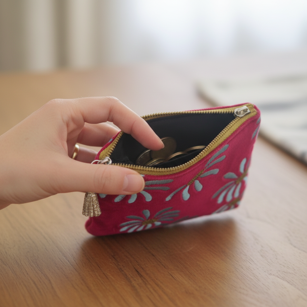 A hand holding open a small pink zip pouch with a floral pattern, showing coins inside, on a wooden table.