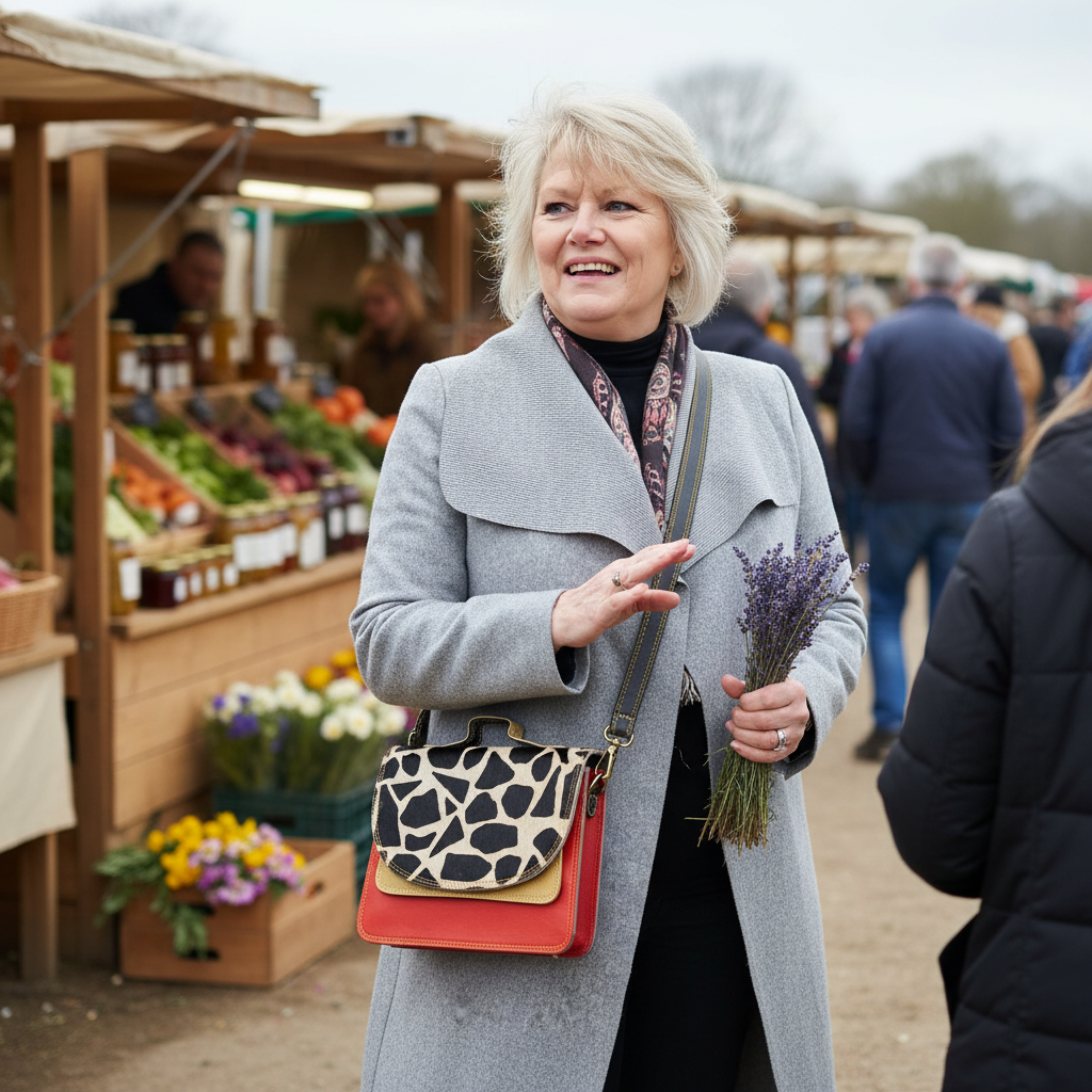 Red giraffe-print bag candid