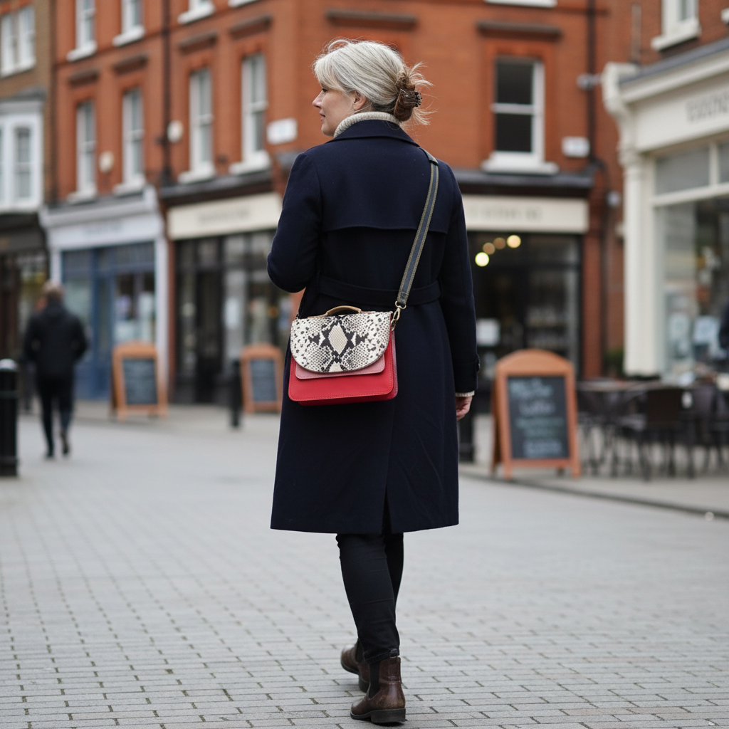 Red snake-print bag candid