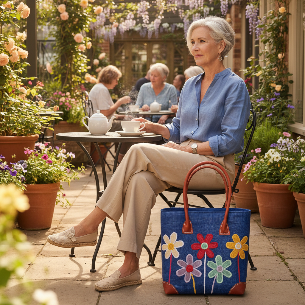 Woman sitting outdoors with a royal blue floral-patterned raffia basket bag