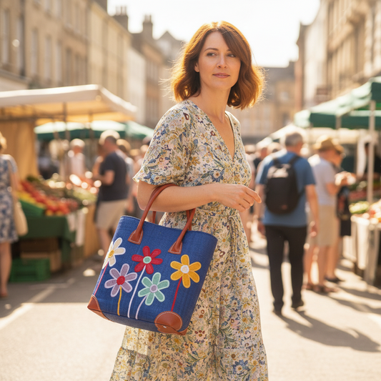 Woman in a floral dress holding a blue tote bag with flower designs at an outdoor market.