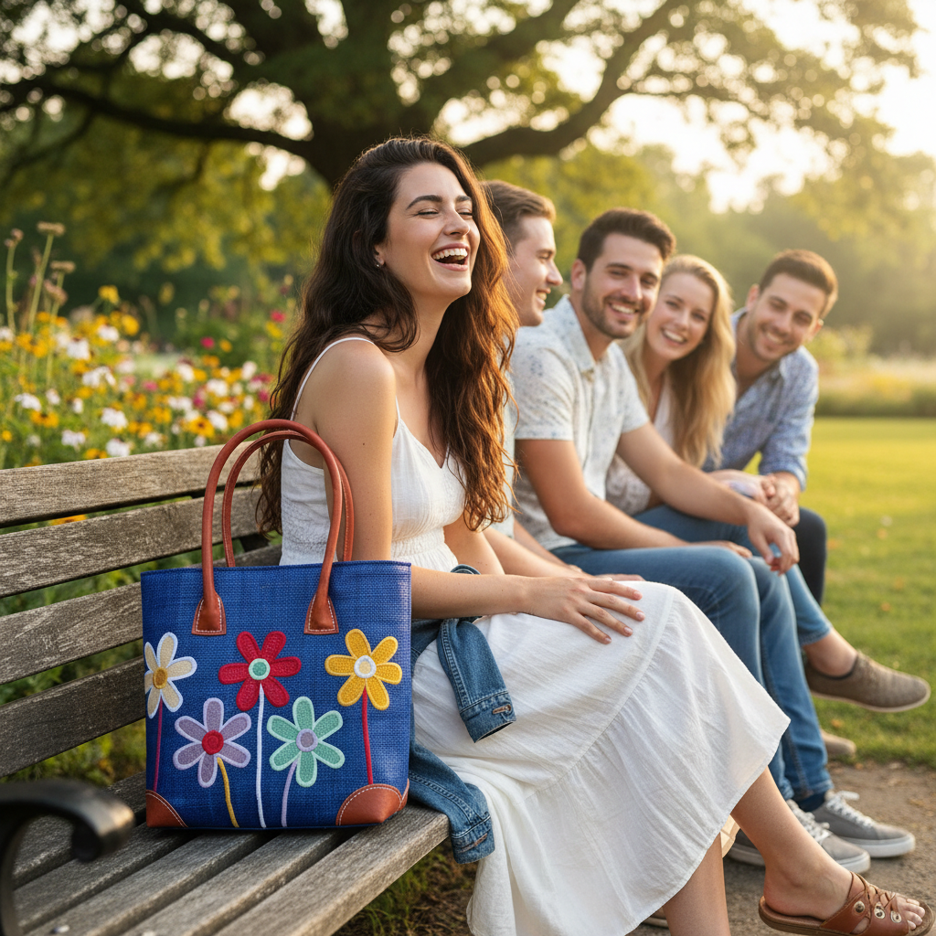 Group of people sitting on a bench in a park with a woman holding a royal blue raffia basket bag.