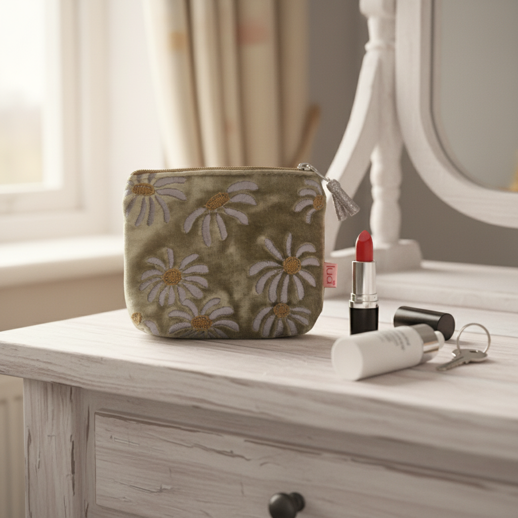 A small zippered cosmetic pouch with a daisy floral pattern in olive green, white, and yellow, styled on a white wooden dresser next to a lipstick, cream bottle, and keys.