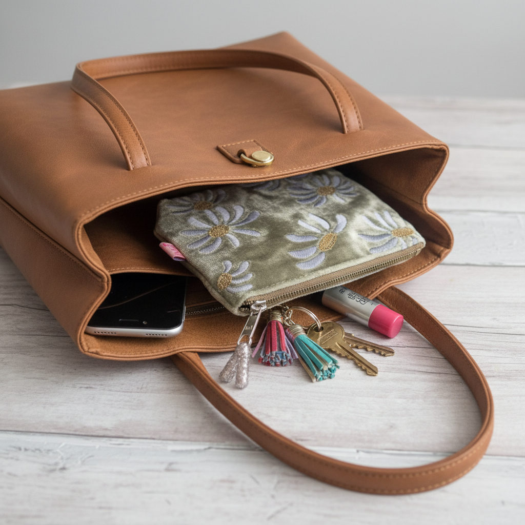 A tan leather tote bag shown open on a light wood surface, filled with a floral velvet pouch, a smartphone, keys, and small accessories.