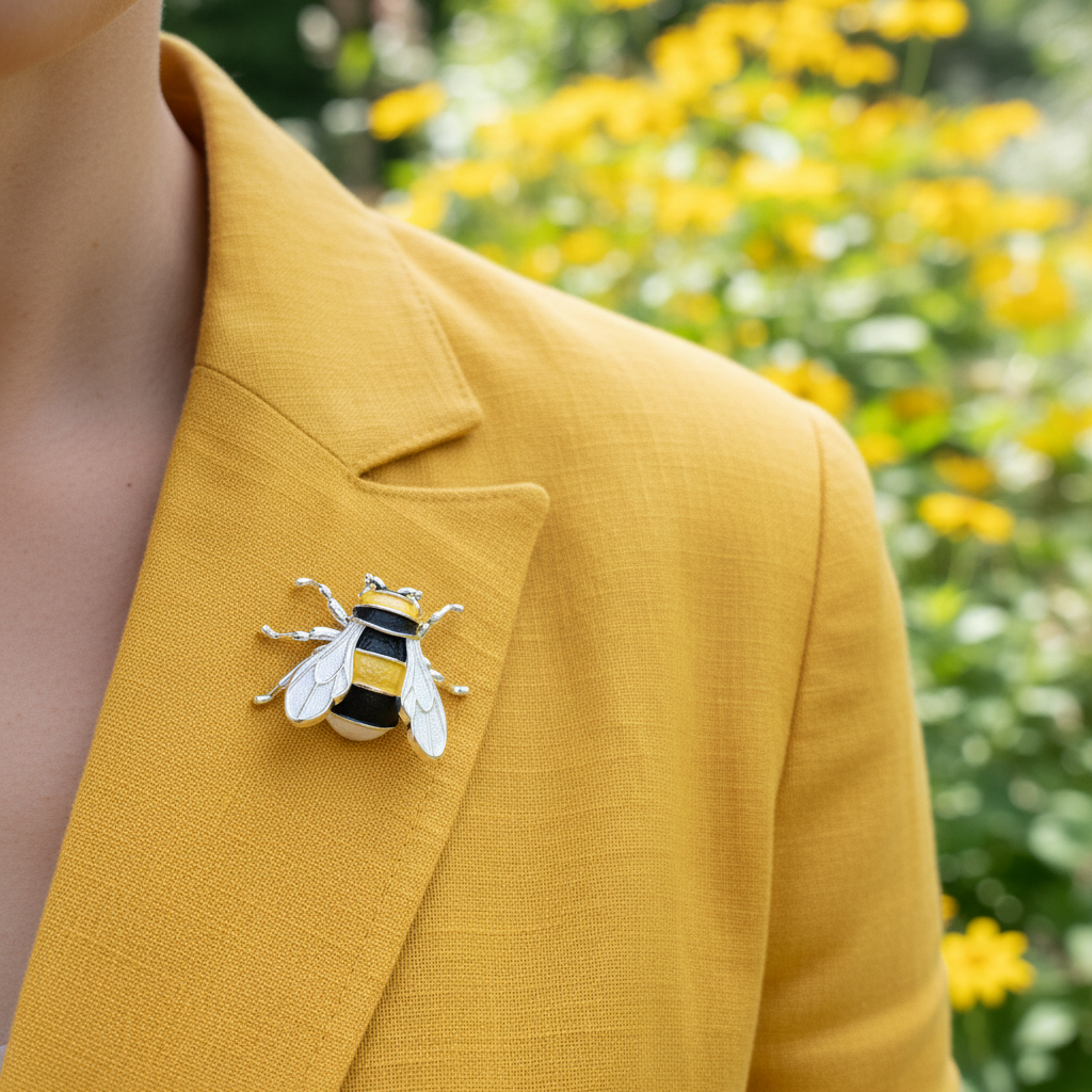 Silver bee brooch on yellow blouse