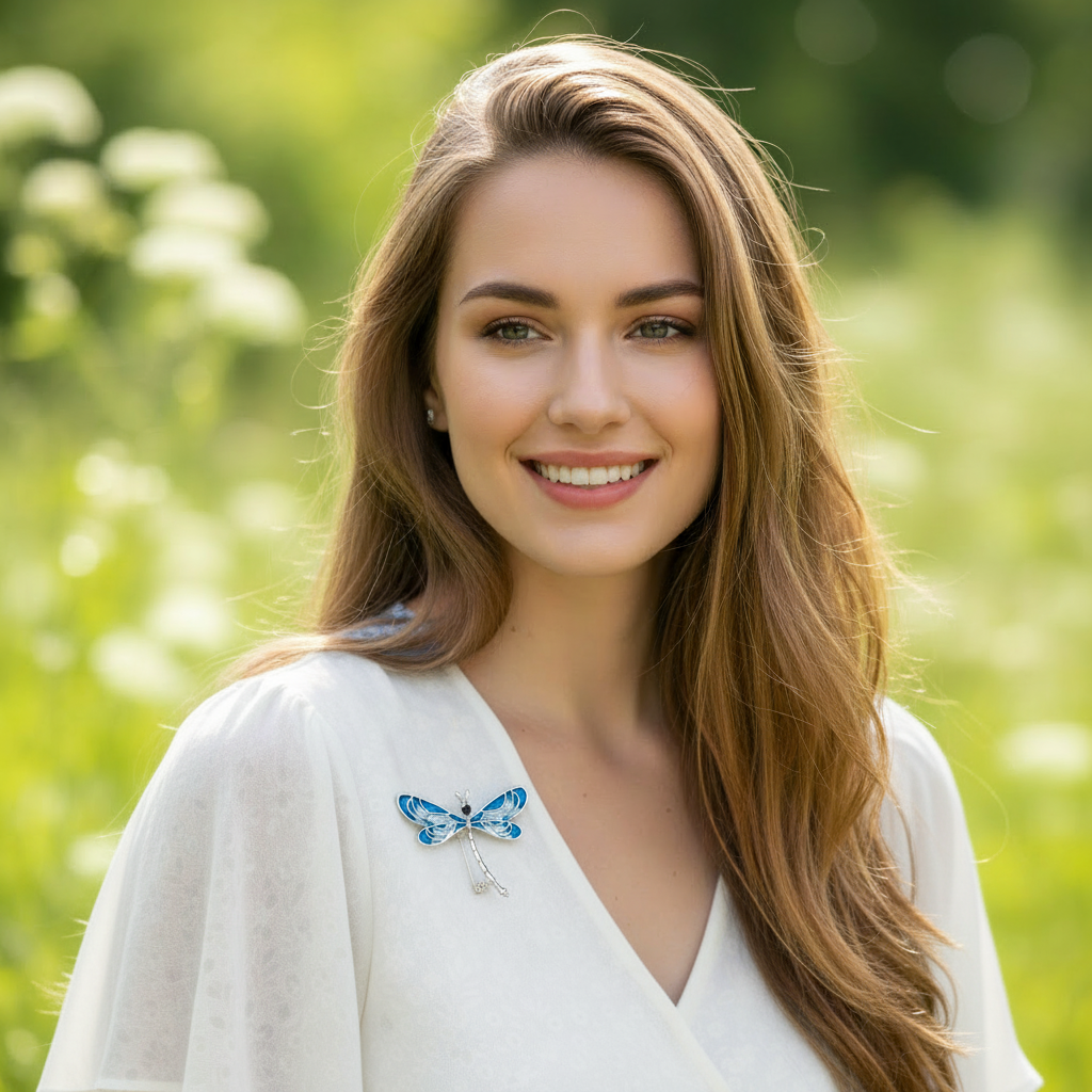 Smiling woman in white summer dress wearing dragonfly brooch